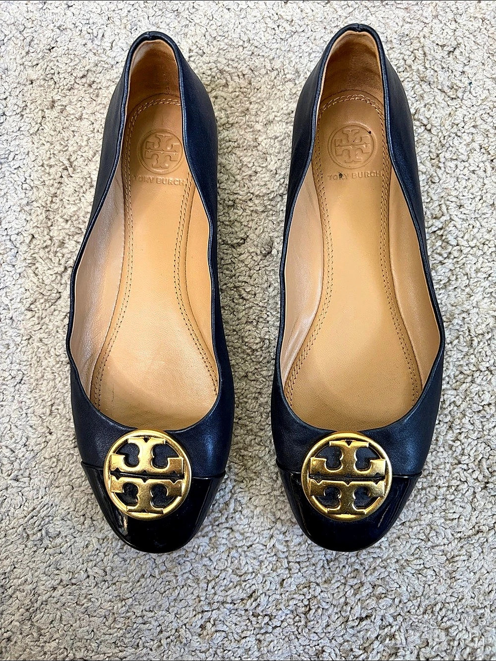 Tory Burch Chelsea Patent Leather Cap-Toe Ballet Flat Navy Blue Size 6.5